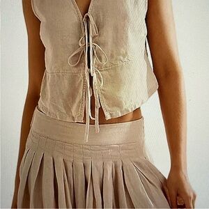 Beige Tie-Front Top and Pleated Skirt Set Brand New